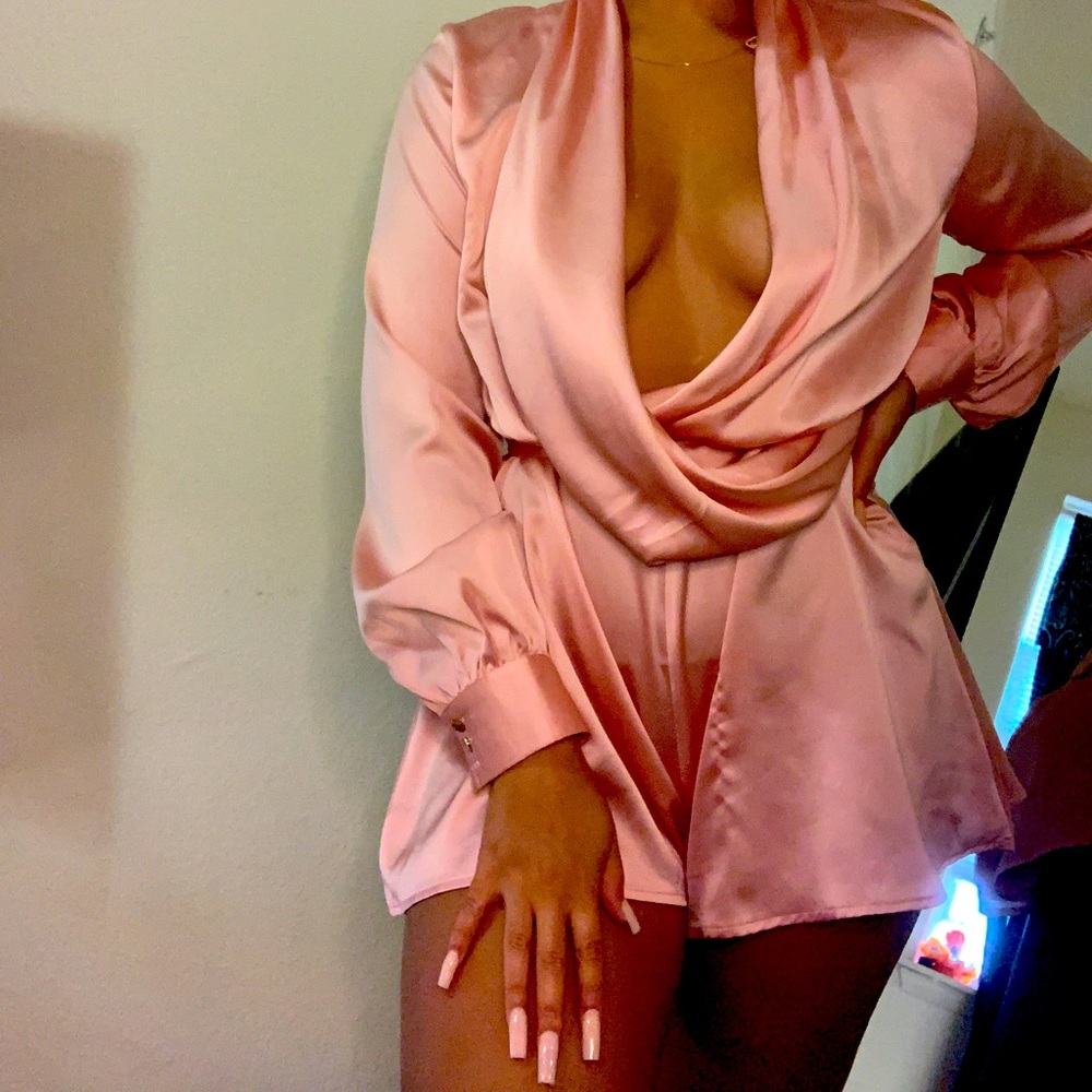 Dusty pink satin drape detail long sleeve romper